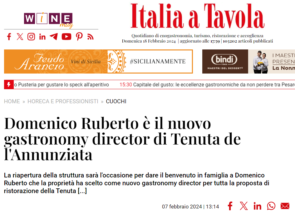 Italia a Tavola I Domenico Ruberto è il nuovo Gastronomy Director di Tenuta de l'Annunziata