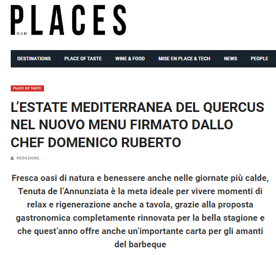 PLACES I L’estate mediterranea del Quercus nel nuovo menu firmato dallo Chef Domenico Ruberto